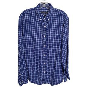 Banana Republic Mens Size L Shirt 100% Linen Camden Standard Fit Windowpane Blue